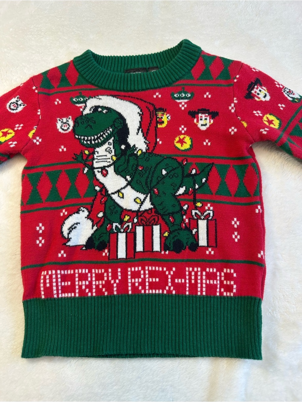 Disney Toy Story Rex Holiday Knit “Ugly Sweater”- Red, Green, & festive